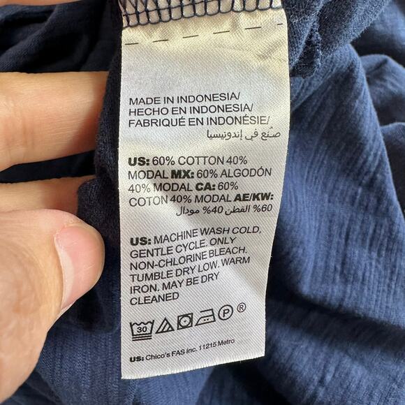 Chico's Cotton Blend Slub Refined V-Neck Tee 3/4 Sleeve Blue 2 Large - Picture 4 of 8